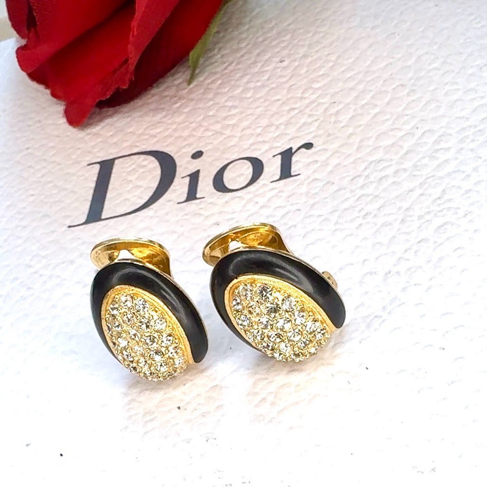 Christian Dior Vintage 1980s Oval Whole Crystals Black Gold Clip On Earrings - Picture 7 of 9